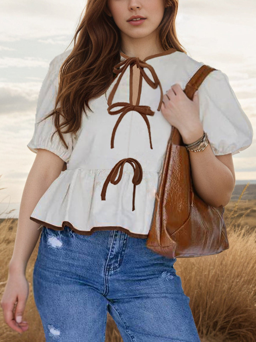 Tie-Front Puff Sleeve Peplum Blouse