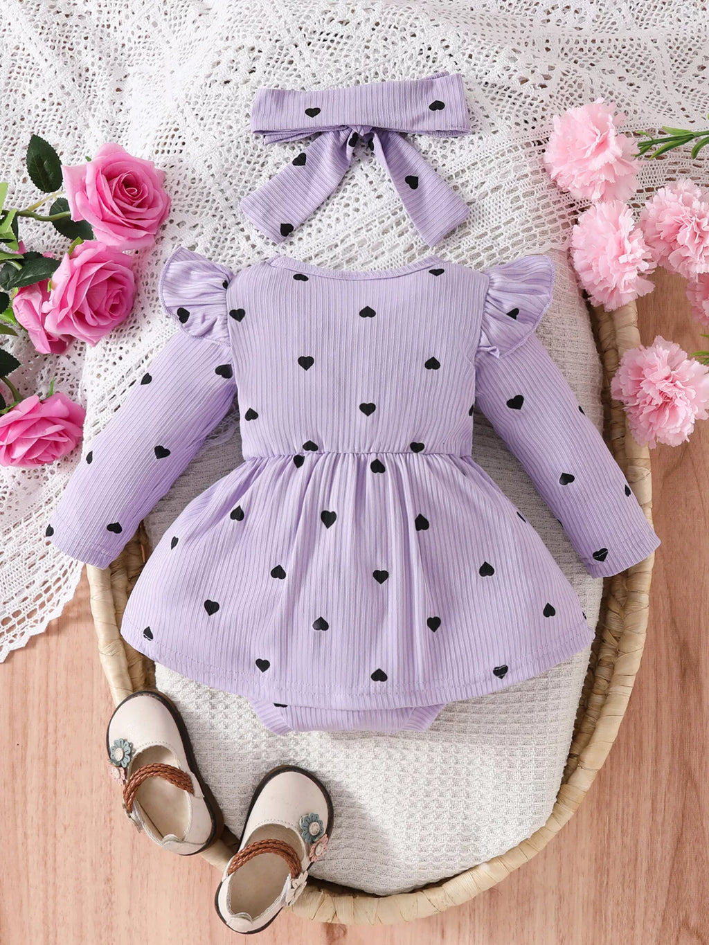 Children's Heart Print Ruffle Trim Bodysuit Dress with Headband