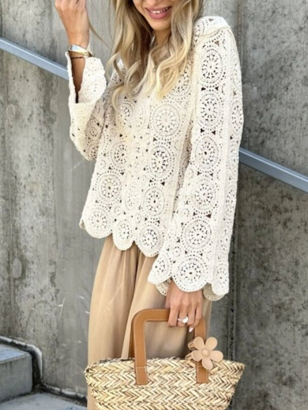 Crochet Lace V-Neck Bell Sleeve Knit Top