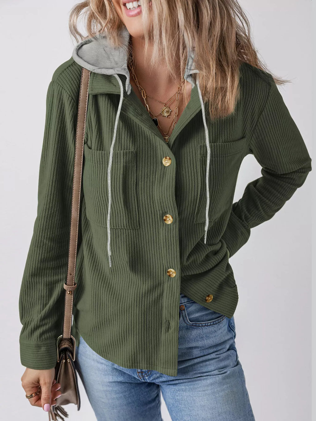 Plus Size Casual Corduroy Button-Down Hooded Jacket