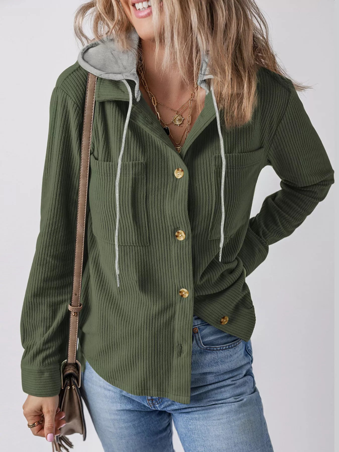Plus Size Casual Corduroy Button-Down Hooded Jacket