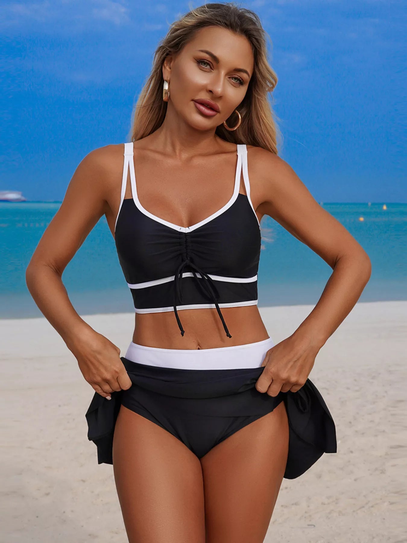 Contrast Trim Drawstring Swim Set