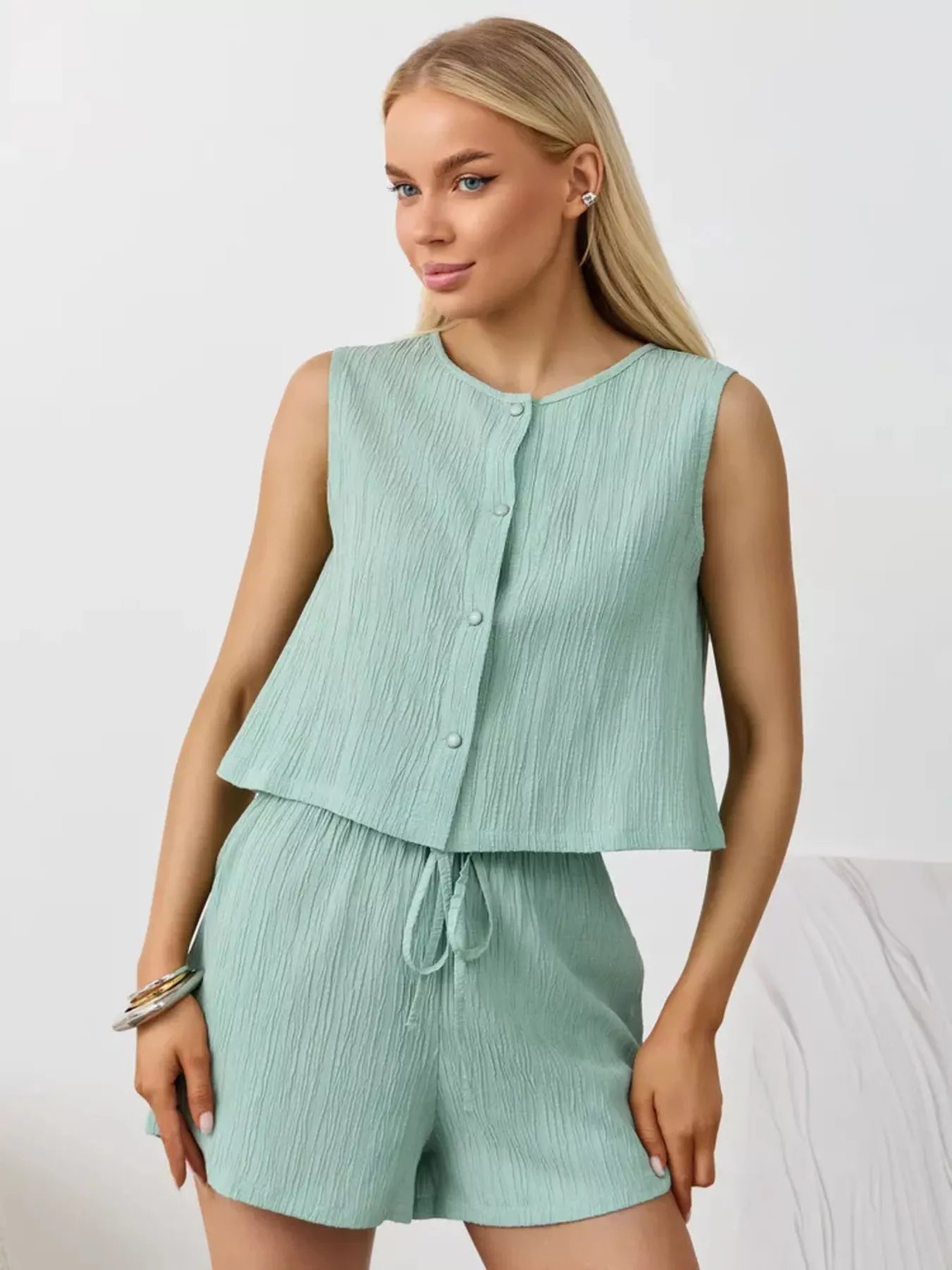 Textured Round Neck Tank and Shorts Set