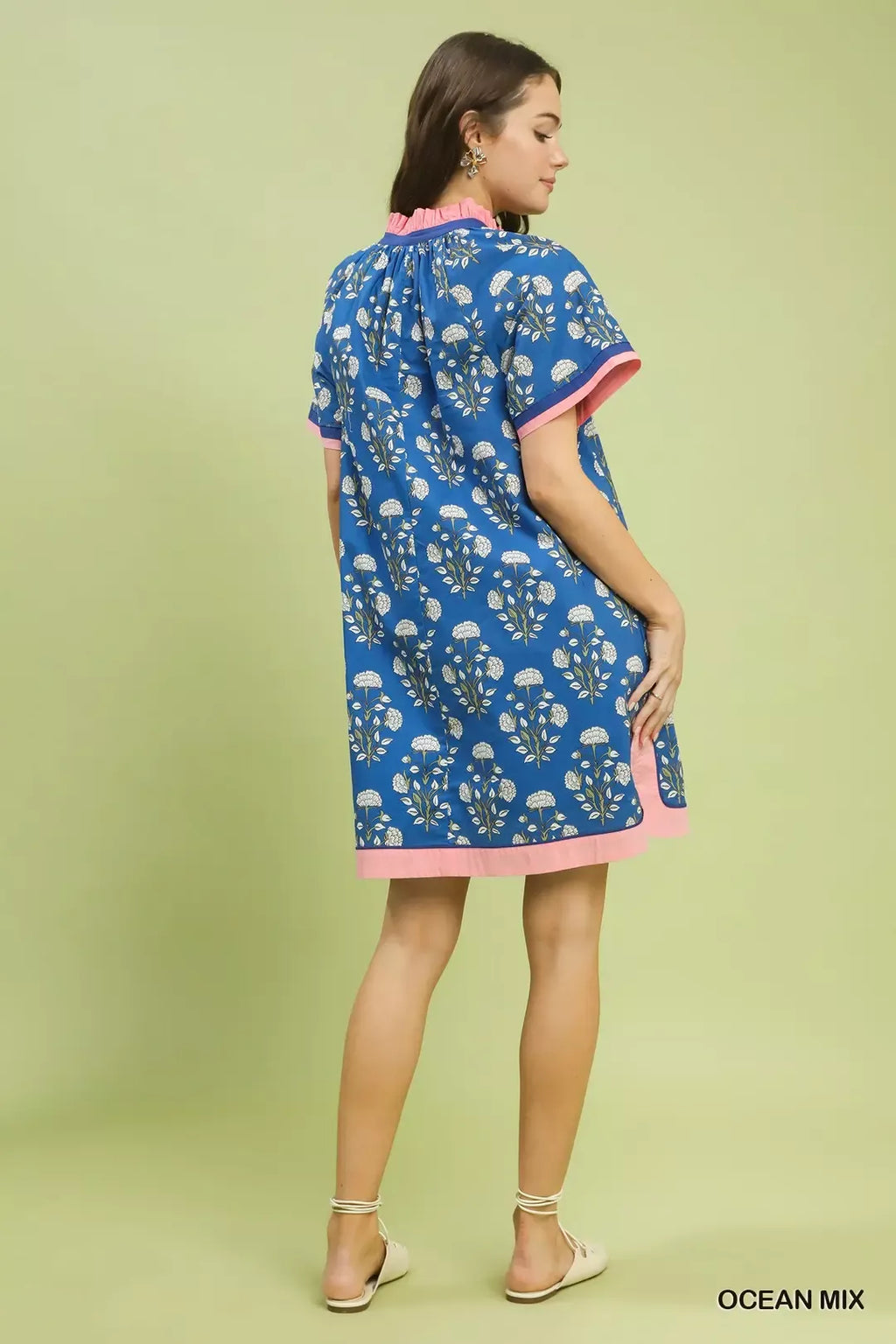 Umgee Printed Split Neck Short Sleeve Shift Dress