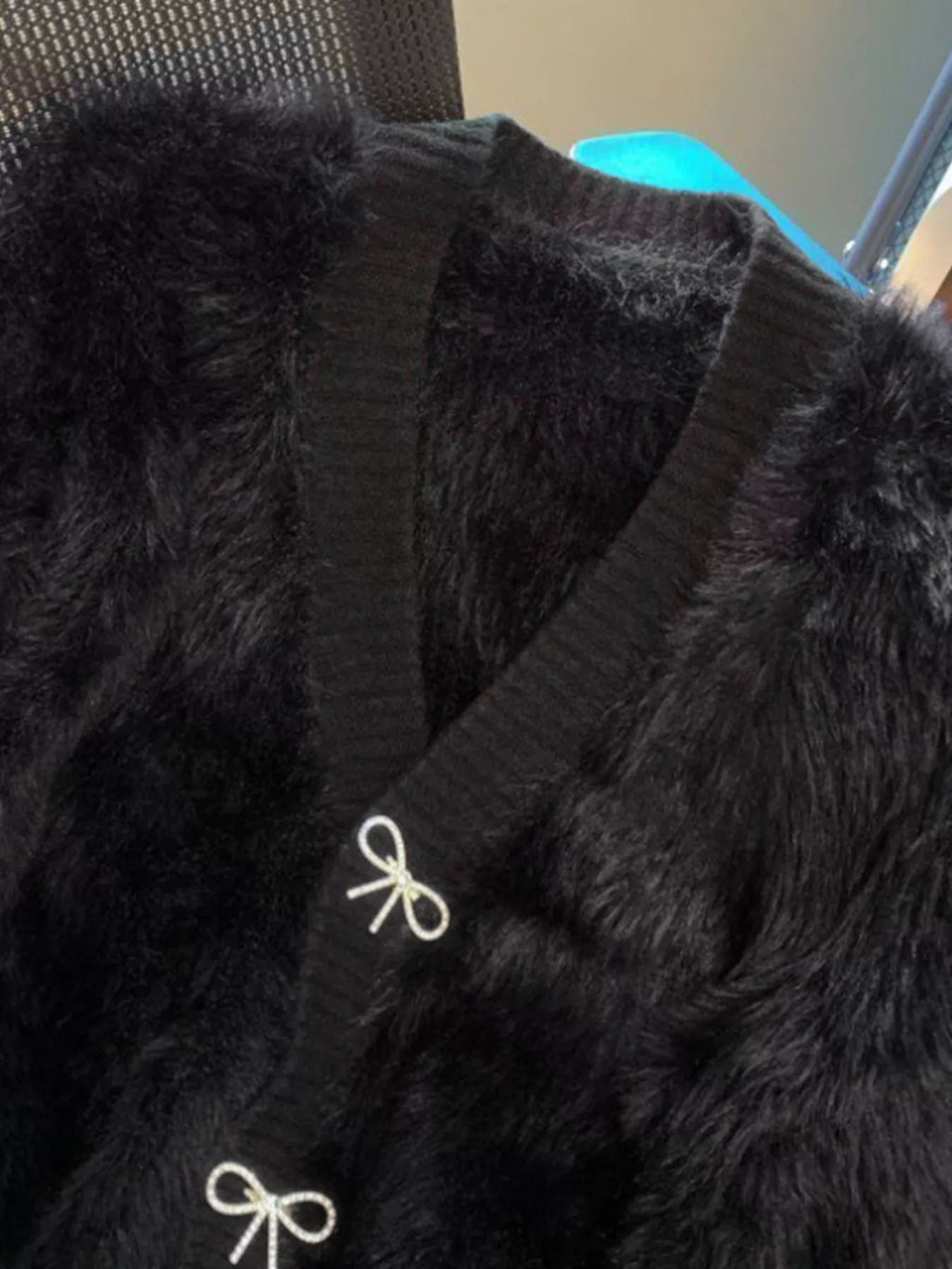 Fuzzy Bow Button Up Cardigan
