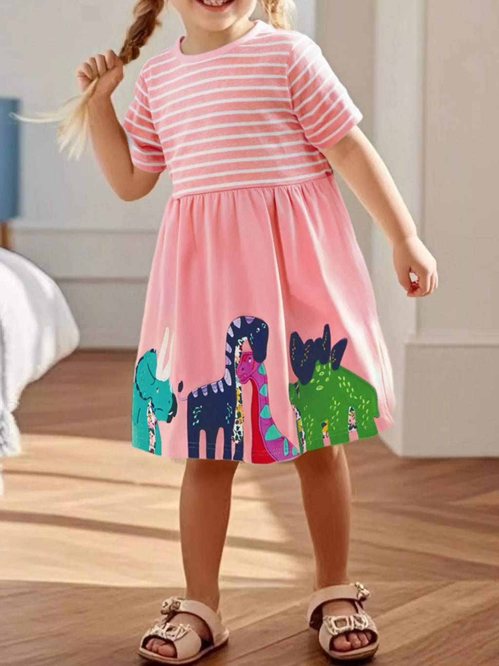 Children's Dinosaur Striped Casual Dress