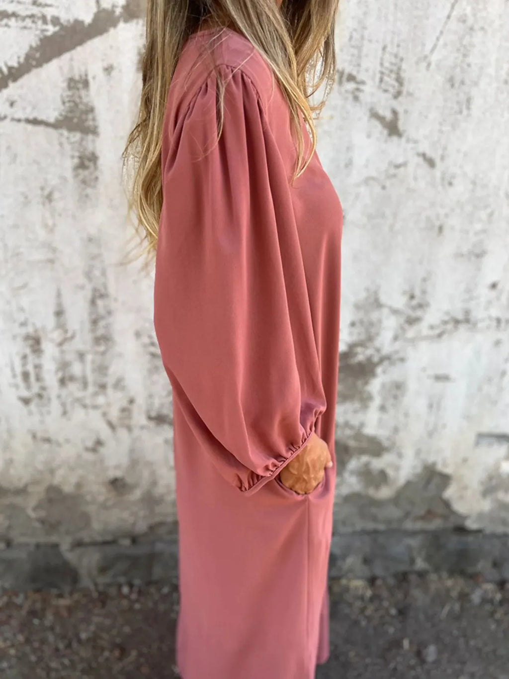 Full Size Slit V-Neck Balloon Sleeve Midi Dress Plus Size