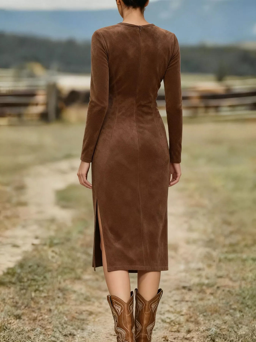 Suede Fringe Long Sleeve Midi Dress