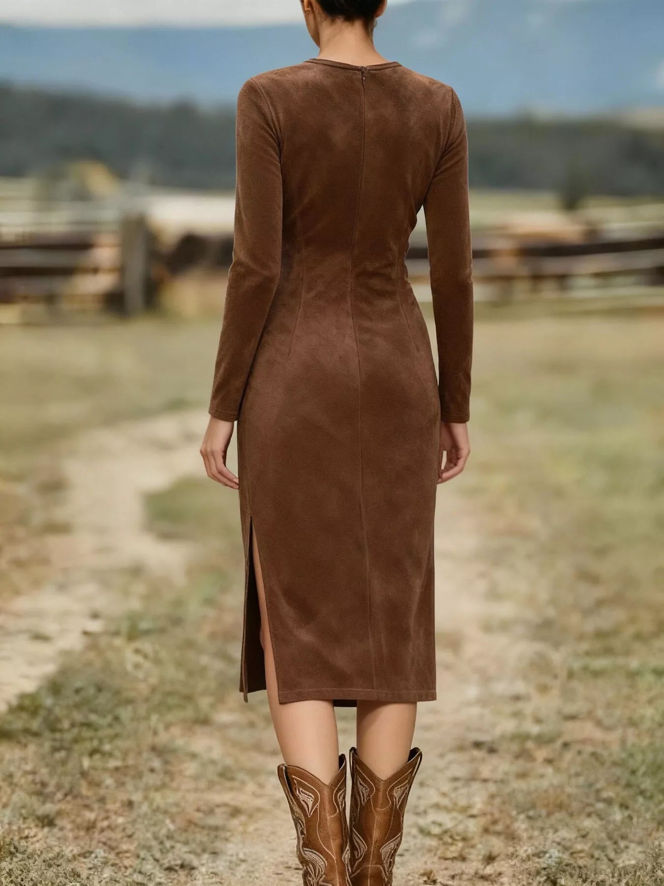 Suede Fringe Long Sleeve Midi Dress