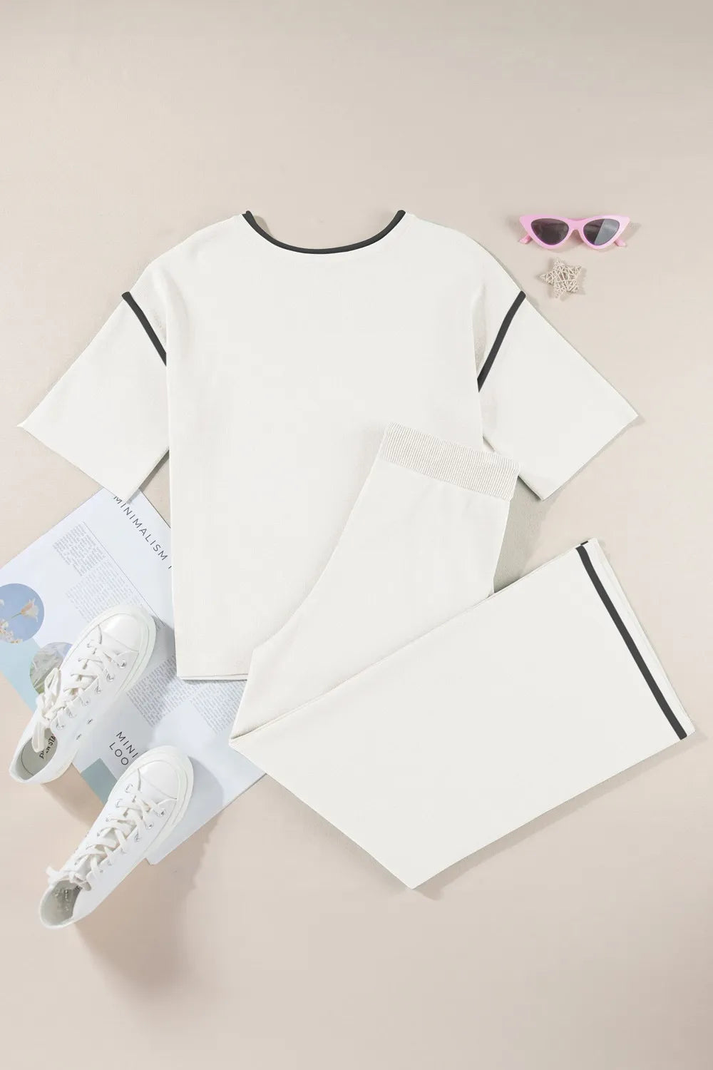 Contrast Trim Round Neck Top and Pants Set