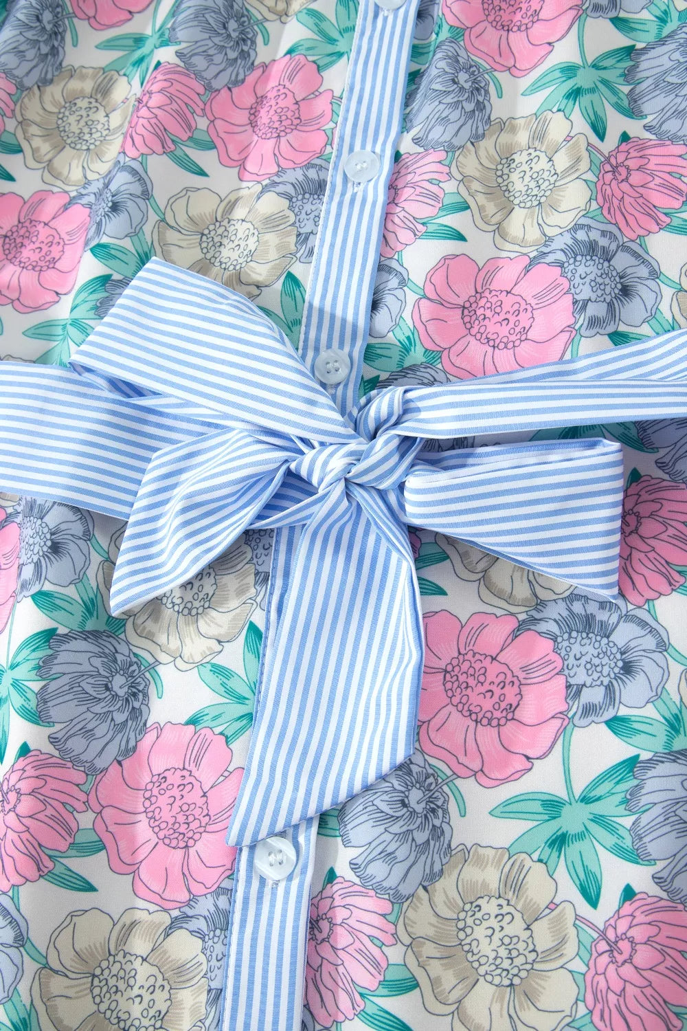 Floral Print Striped Contrast Trim Belted Short Dress