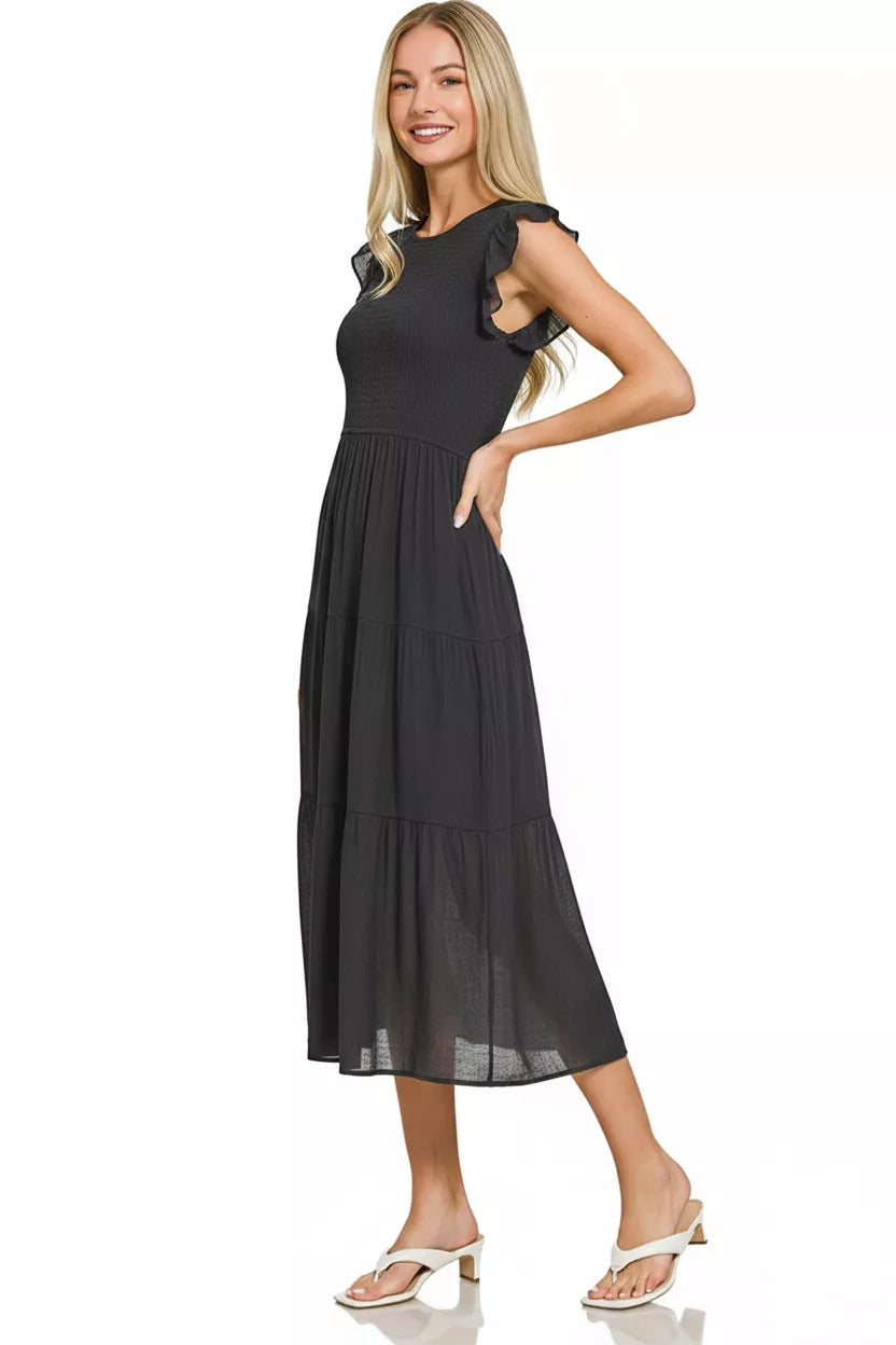 Zenana Woven Smocked Ruffle Sleeve Midi Dress