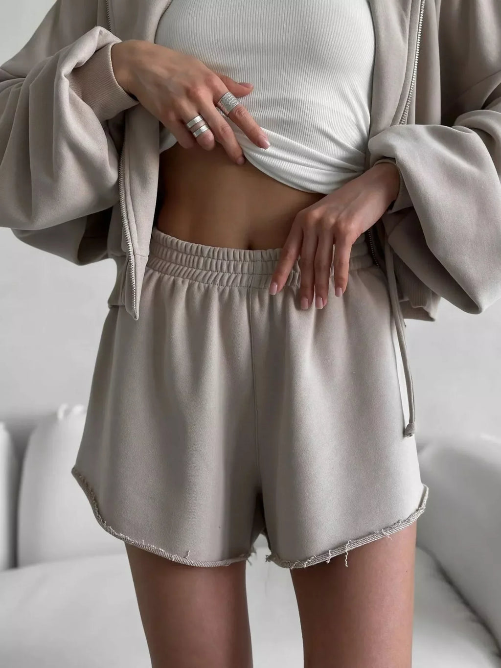 Zip Up Long Sleeve Outerwear and Shorts Set