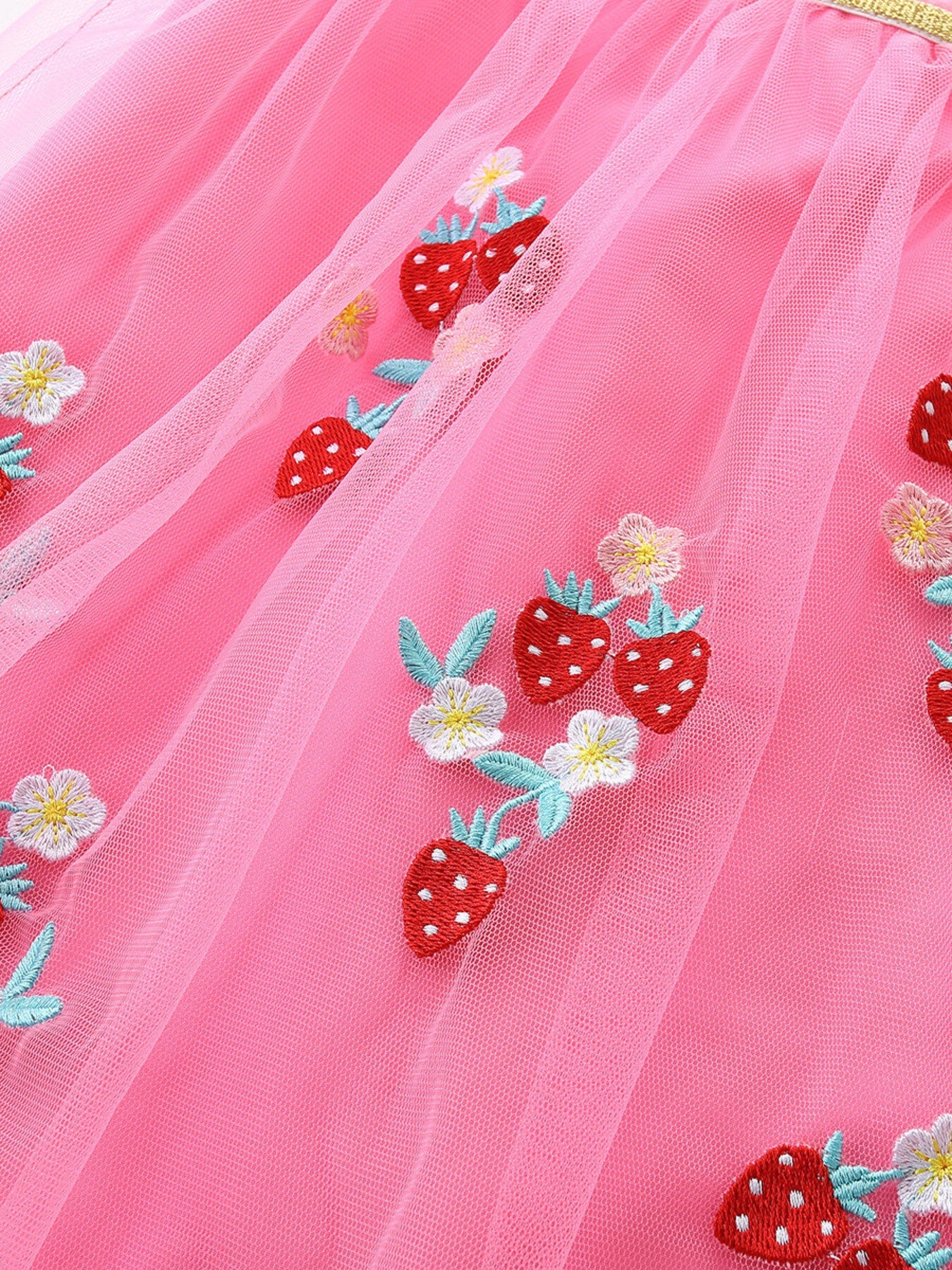 Children's Strawberry Embroidered Ruffle Sleeve Tulle Dress