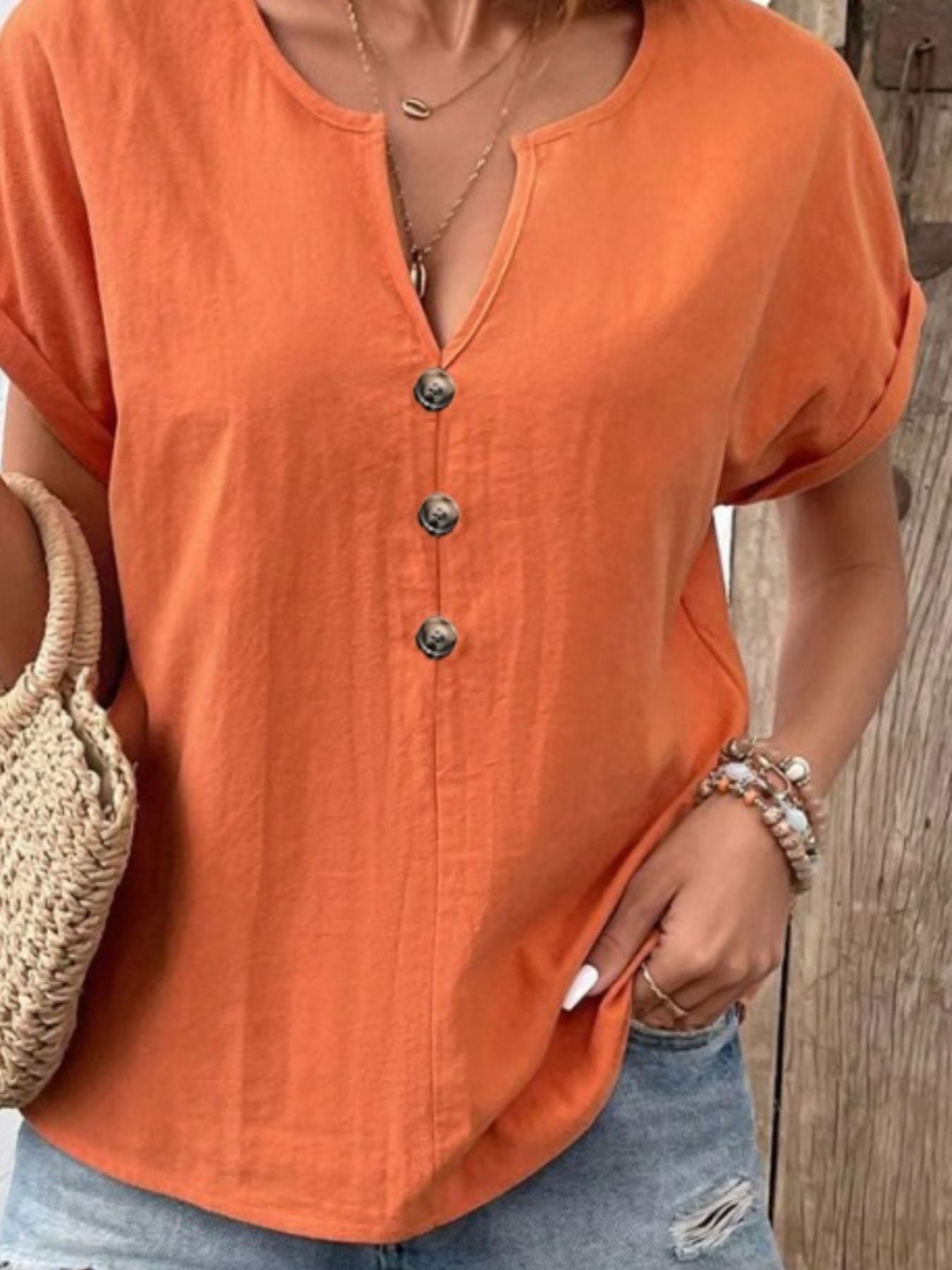 Notched Short Sleeve Blouse