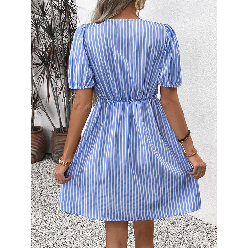 Women’s Striped Tie-Front Puff Sleeve Mini Dress