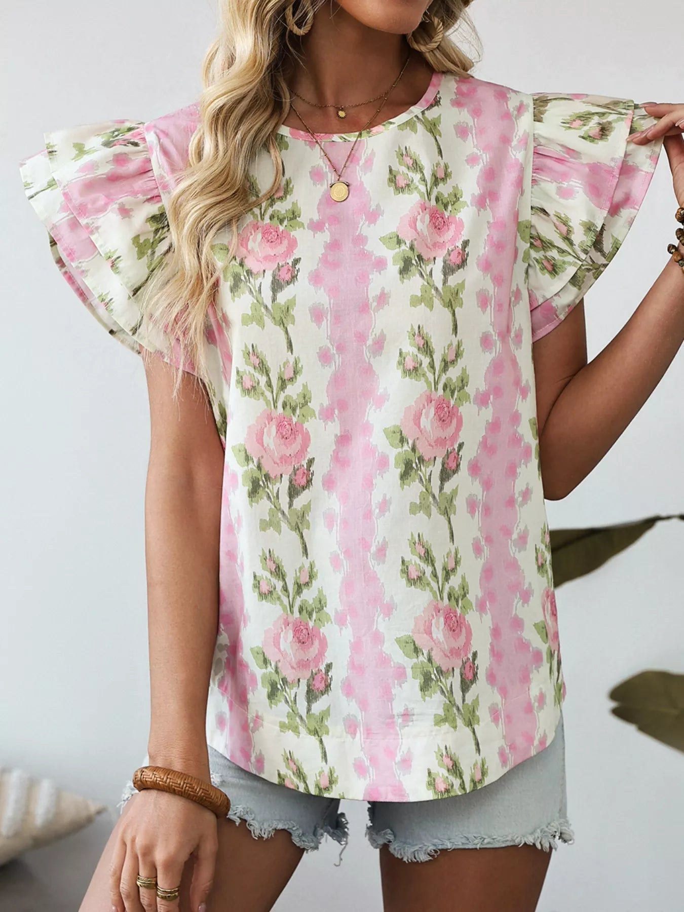 Floral Ruffle Sleeve Blouse