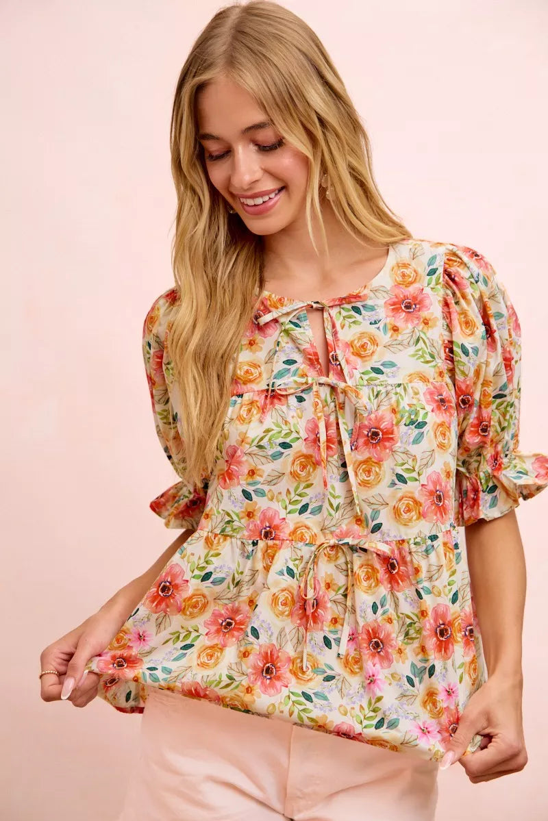 BiBi Flower Printed Shirring Detail Blouse Top