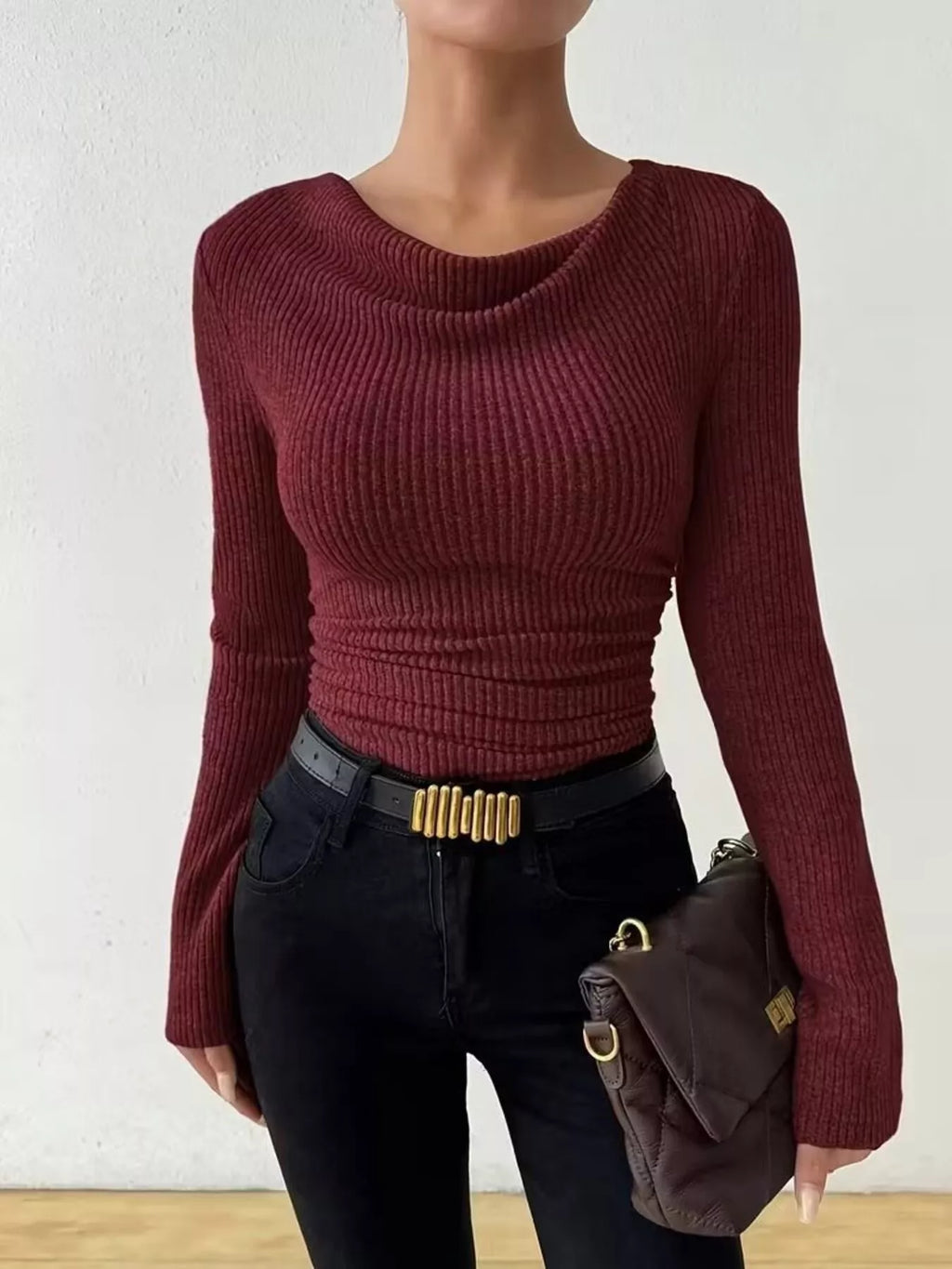 Cowl Neck Ribbed Knit Top