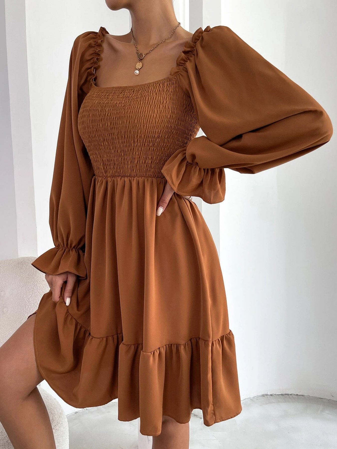 Smocked Flounce Sleeve Mini Dress
