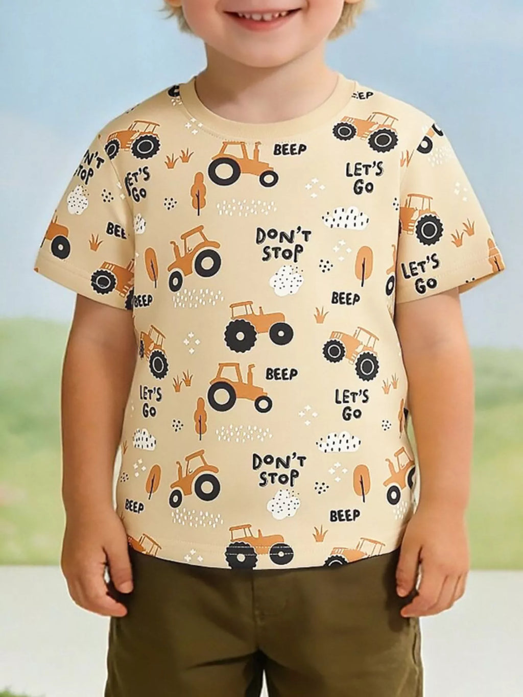 Children's Tractor Print Crew Neck Short Sleeve T-Shirt