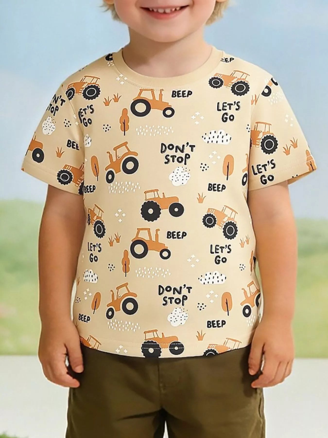 Children's Tractor Print Crew Neck Short Sleeve T-Shirt