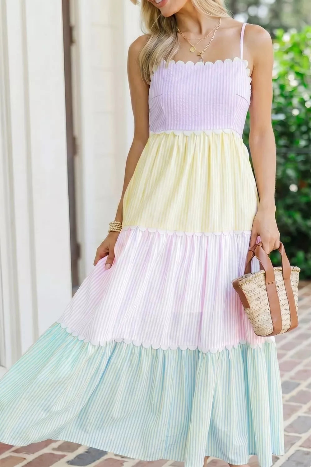 Striped Colorblock Adjustable Strap Scalloped Detail Long Dress