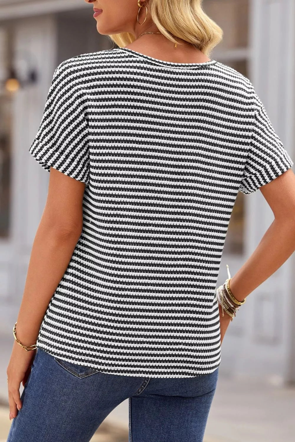 Stripe Textured Knit Notched Neck Cuffed Short Sleeve Top