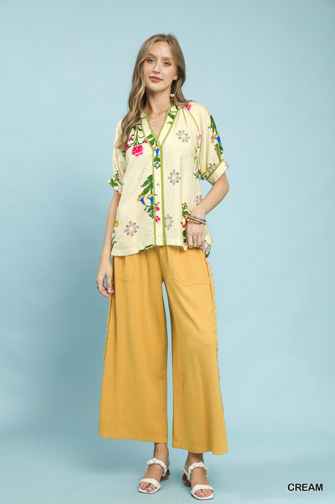 Umgee Botanical Print Contrast Trim Button Blouse
