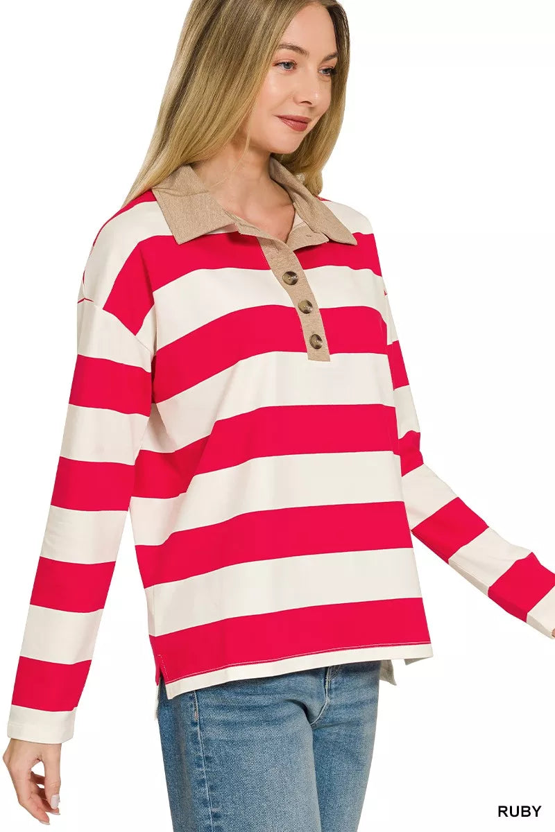 Zenana Striped Contrast Collar Polo Top
