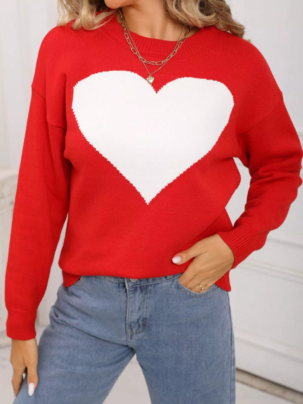 Valentine's Day Heart Round Neck Dropped Shoulder Sweater