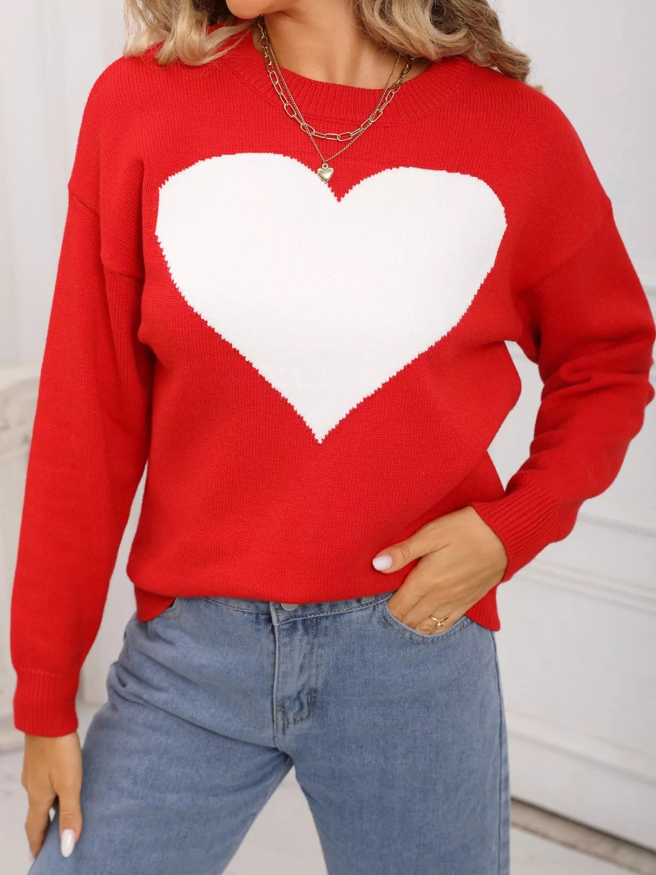 Valentine's Day Heart Round Neck Dropped Shoulder Sweater