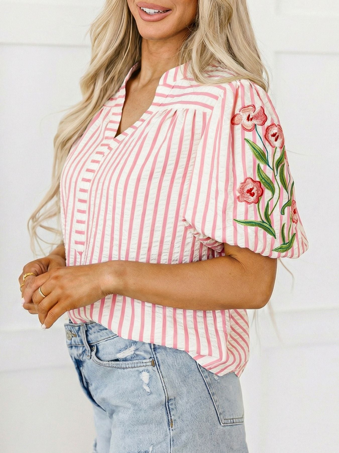 Stripe Print Floral Embroidered Puff Sleeve V Neck Blouse