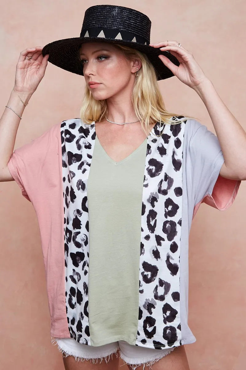 BiBi Cotton Span Knit With Leopard Color Block Top