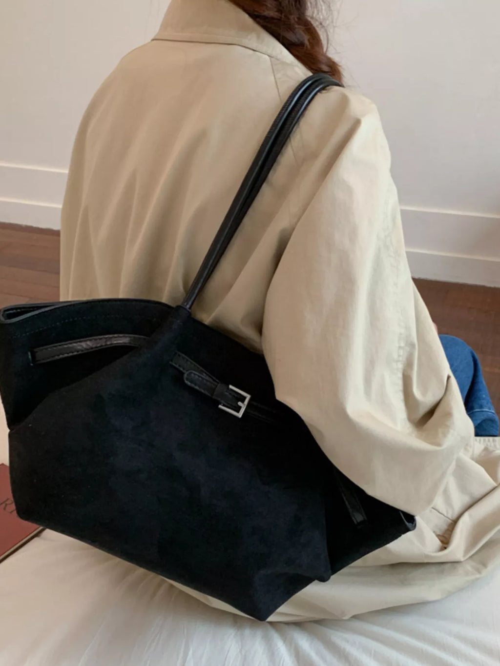 Solid Color Buckle Tote Bag