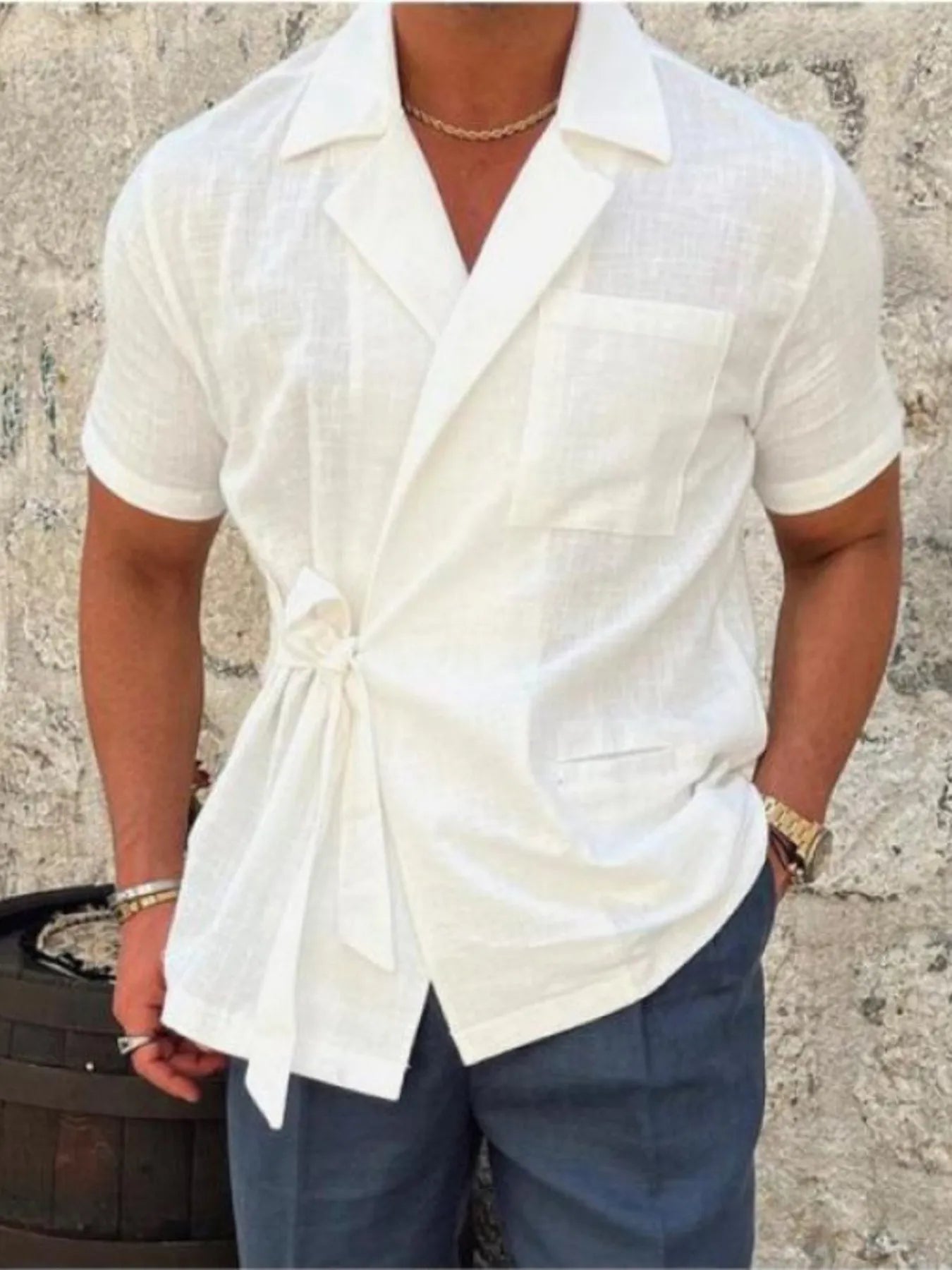 Men's Plus Size Tied Lightweight Linen Wrap Top