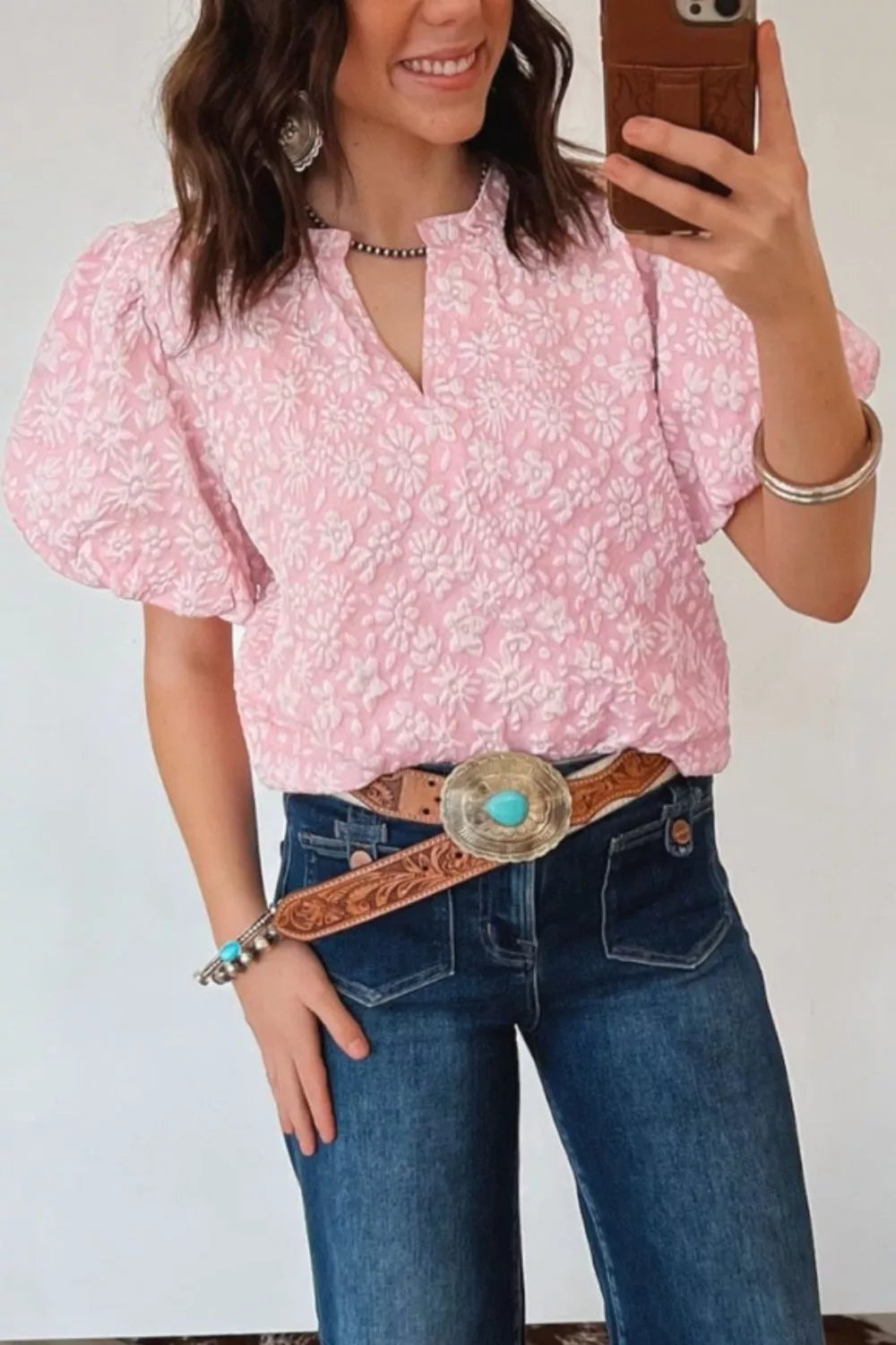 Textured Floral Puff Sleeve Blouse