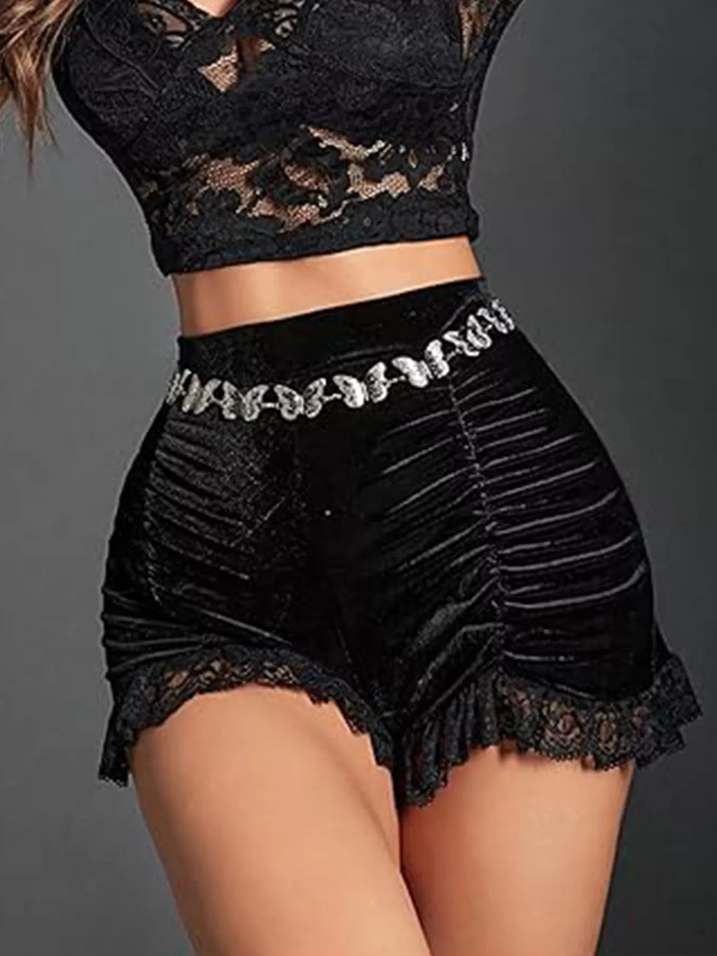 Velvet Ruched Lace Trim Shorts