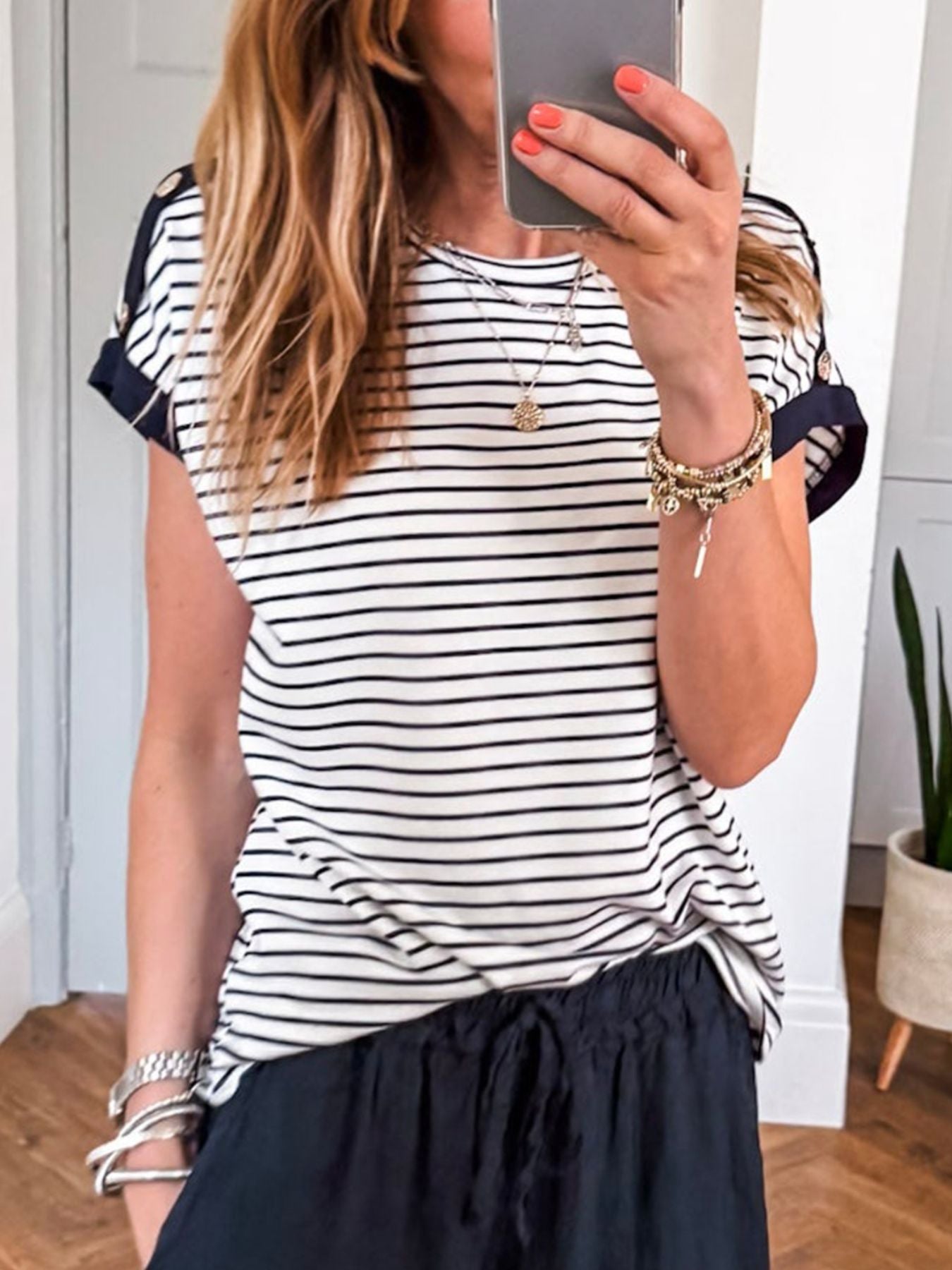 Stripe Cuffed Sleeve Button Decor Loose Tee