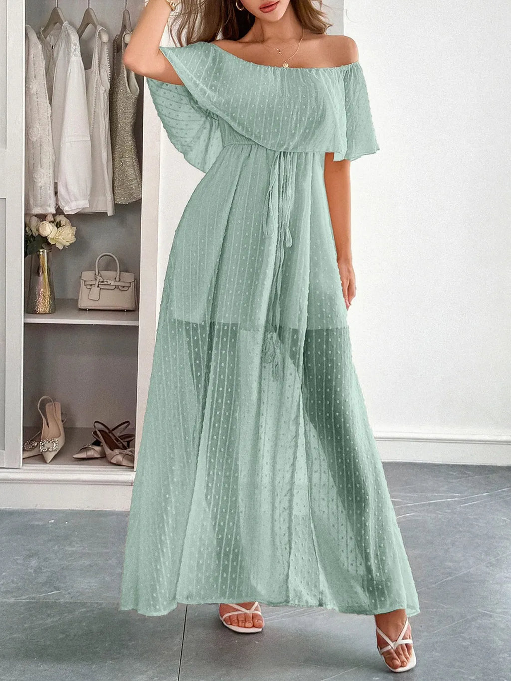 Swiss Dot Off Shoulder Maxi Dress