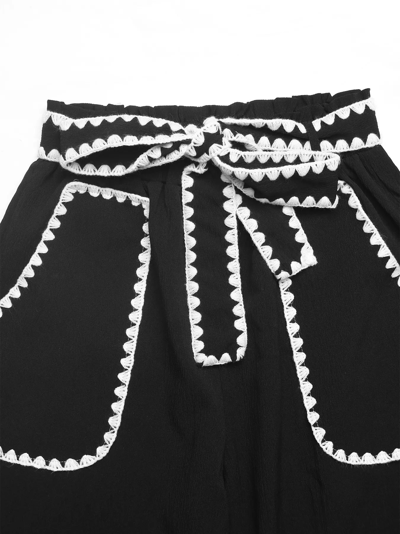 Crochet Trim Tie Waist Wide Leg Pants