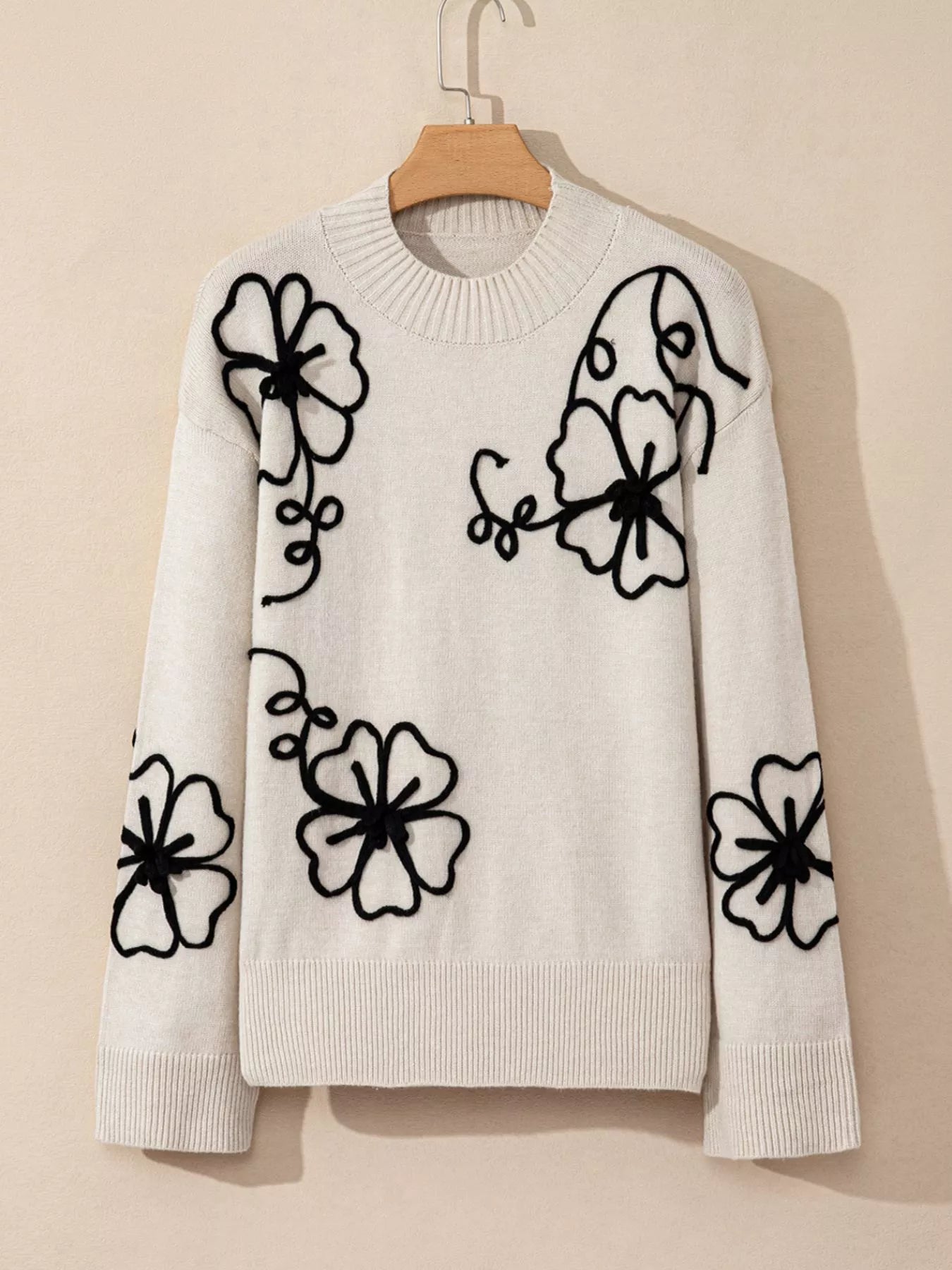 Flower Stitching Mock Neck Sweater