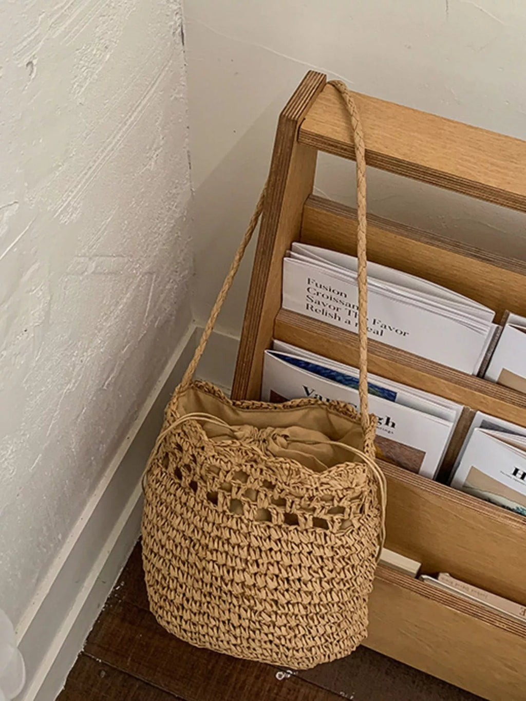 Woven Straw Bucket Shoulder Bag