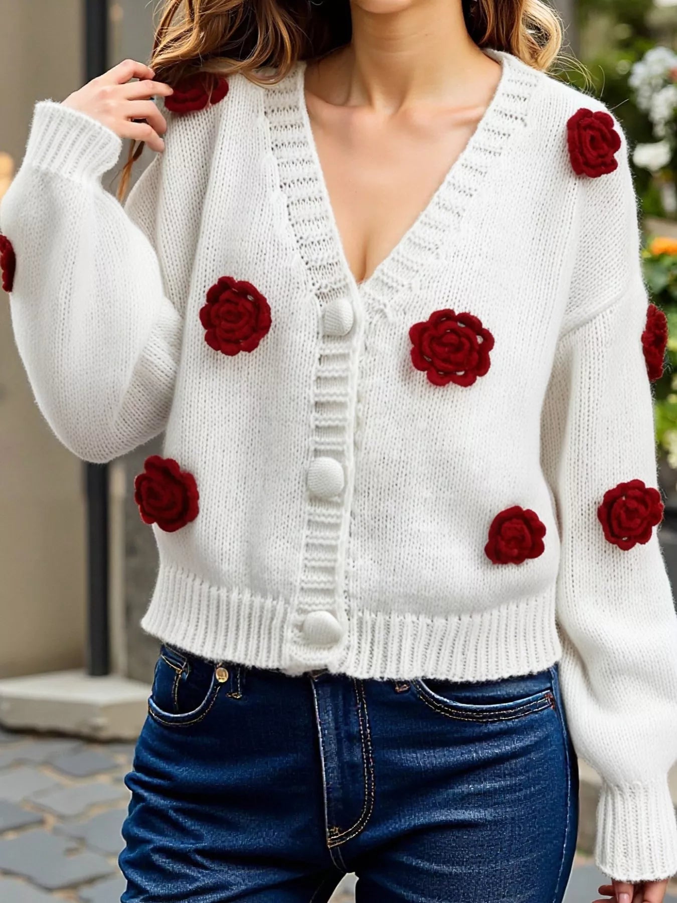 Rose Embellished V-Neck Cardigan