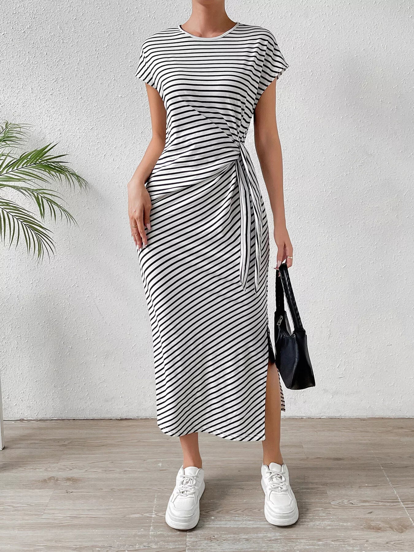 Striped Tie Side Casual Midi Dress