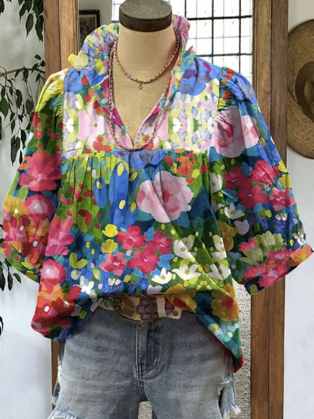 Floral Print Half Sleeve Blouse
