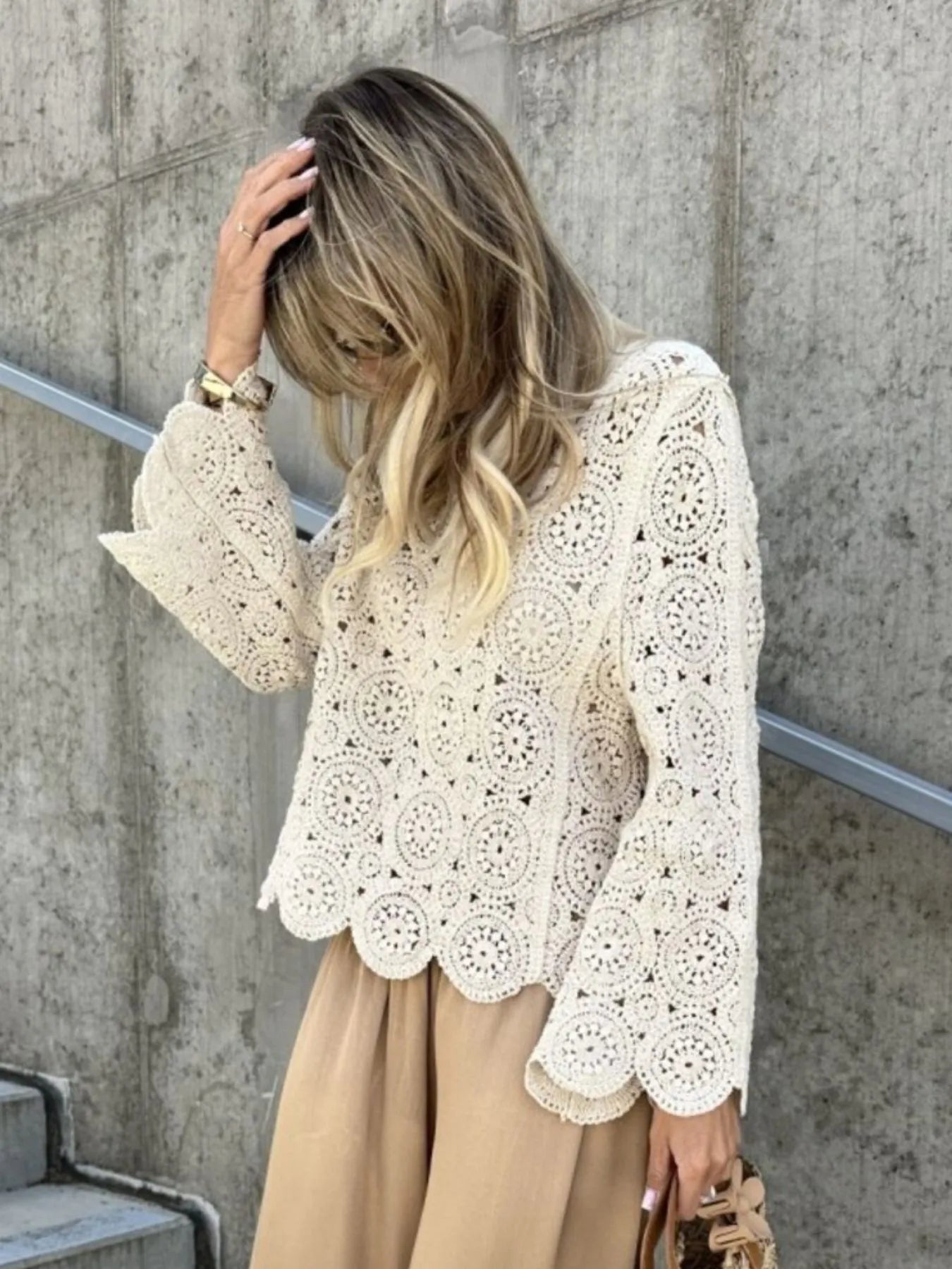 Crochet Lace V-Neck Bell Sleeve Knit Top