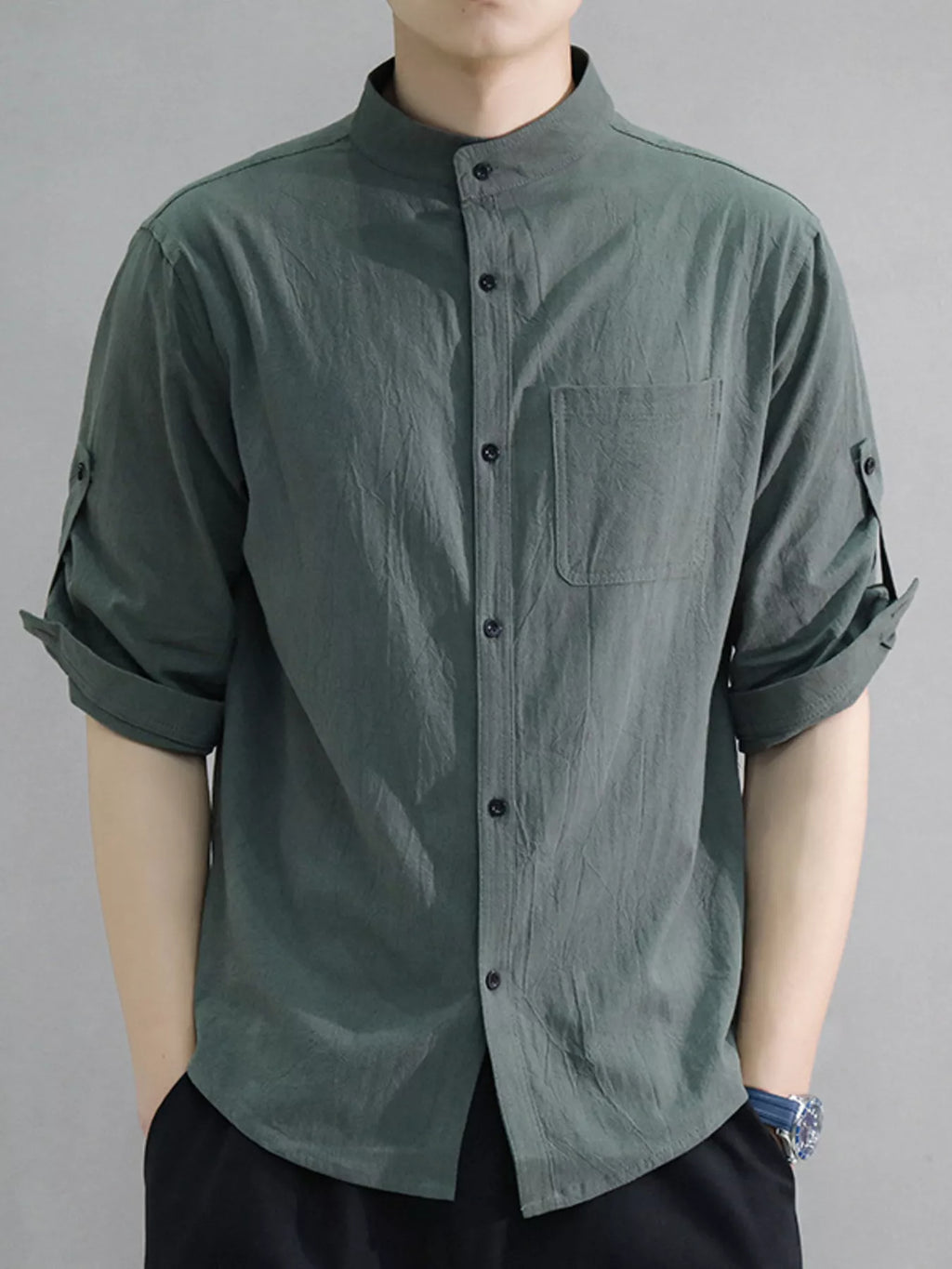 Men's Plus Size Button Up Roll-Up Sleeve Shirt