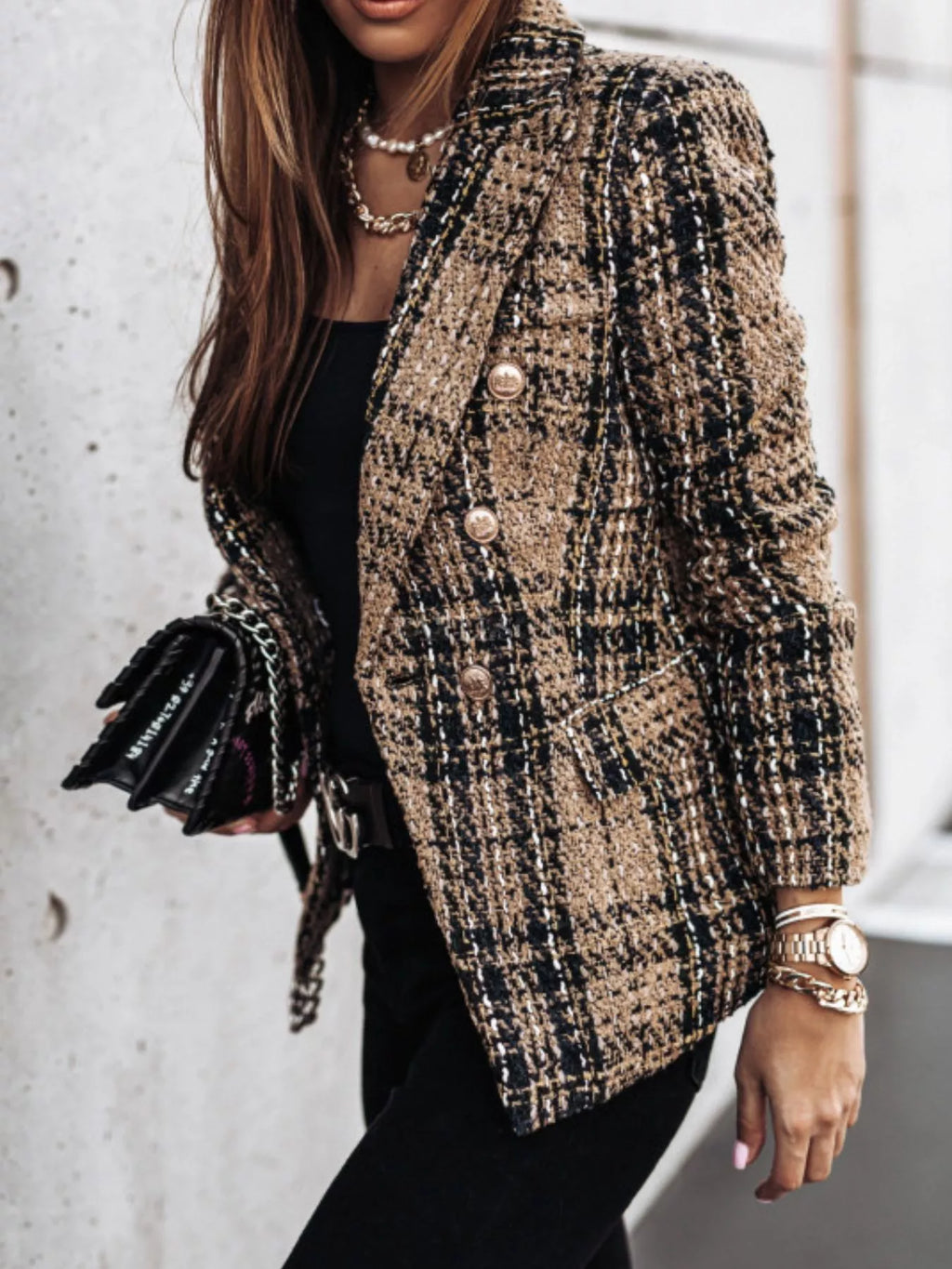 Full Size Plaid Tweed Double-Breasted Blazer Plus Size