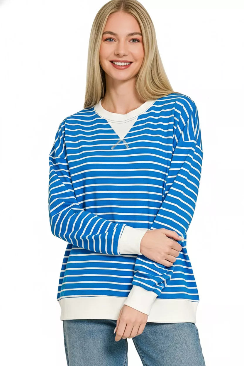 Zenana Contrast Striped Round Neck Sweatshirt
